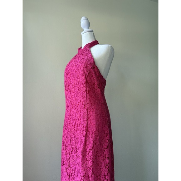 Zara Lace Halter Dress Womens Medium Pink Fuchsia Midi Floral Open Back Pencil - Picture 3 of 16